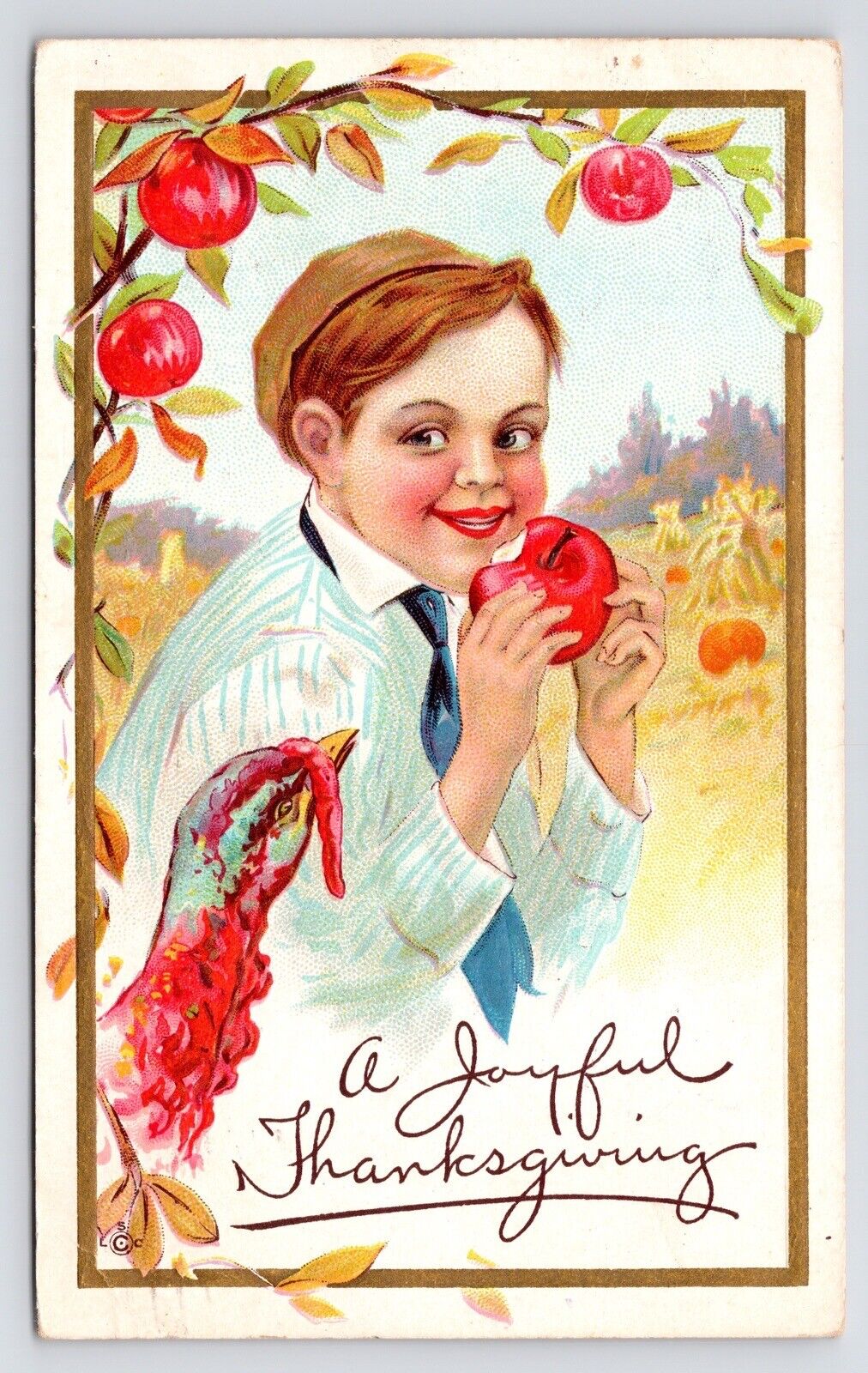 c1900s 1912~Thanksgiving Boy Apple & Turkey~Antique VTG Postcard