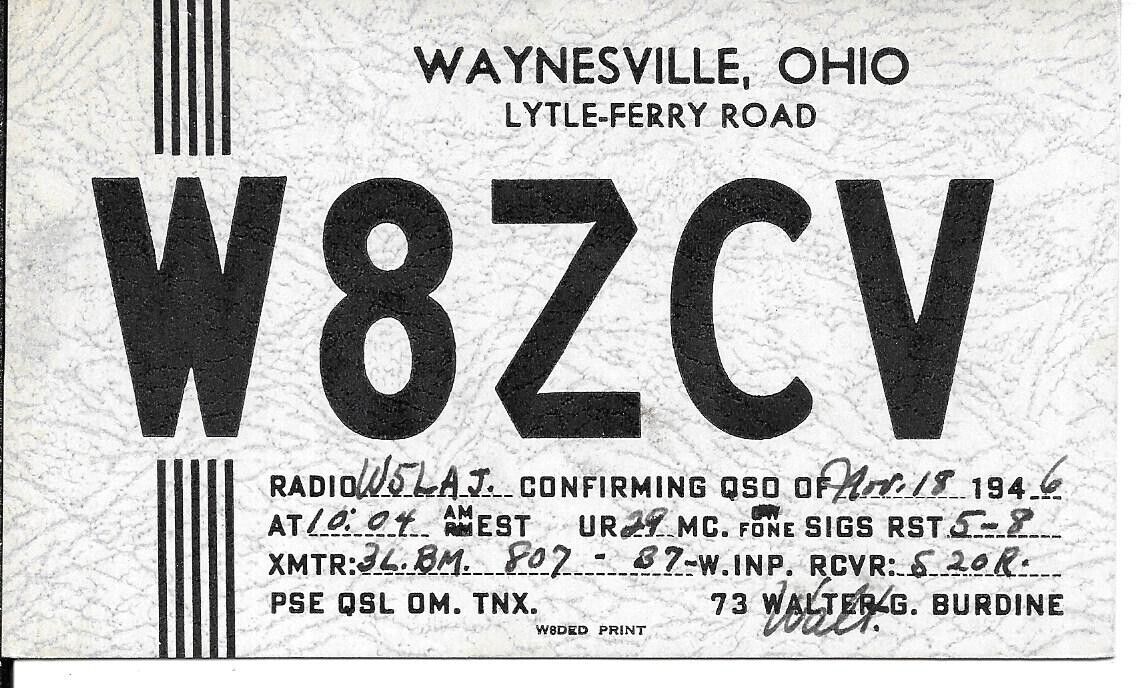 QSL 1946 Waynesville    Ohio    radio card