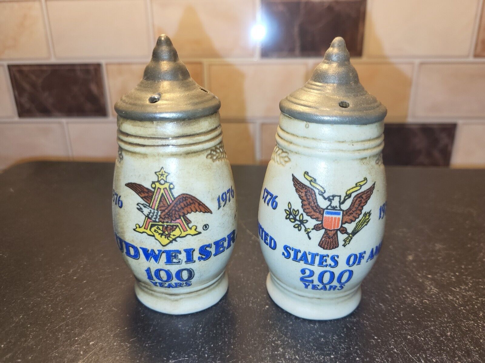 1976 Budweiser 100 Year Anniversary Salt and Pepper Shakers by Ceramarte 3.75