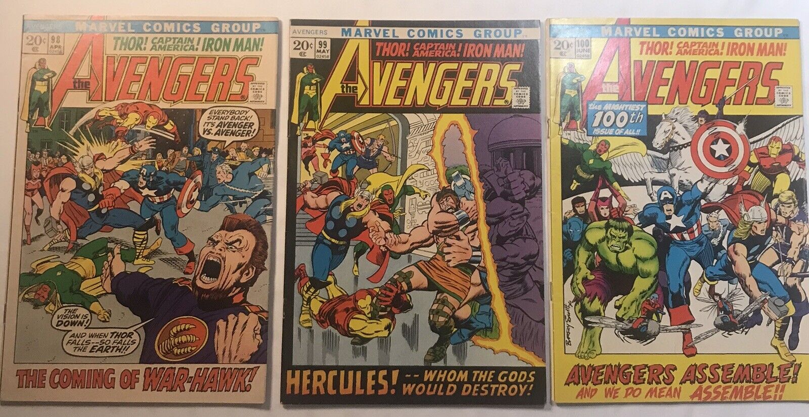 Lot Of 3 Avengers #98 #99 & #100 bronze Age Marvel Comic Books 1972