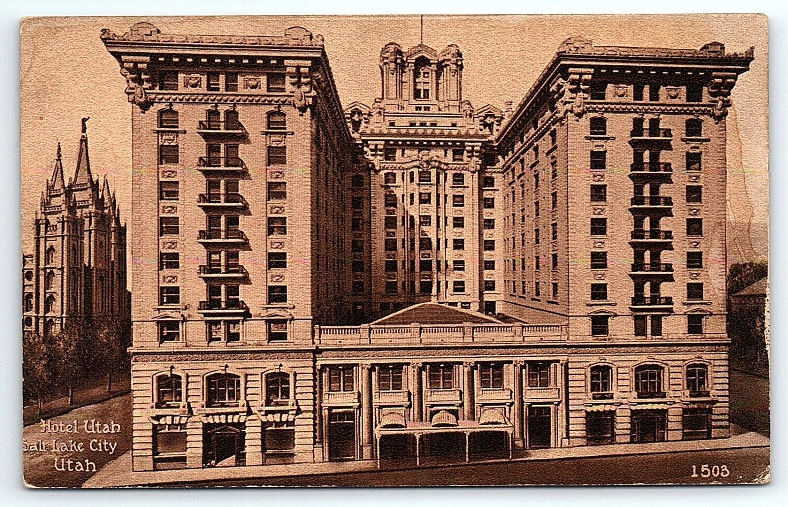 c1912 Hotel Utah Mormon Temple Edward Mitchell Sepia Salt Lake City Postcard UNP