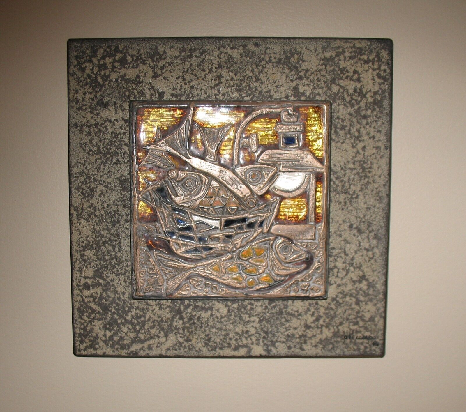 STUDIO DEL CAMPO 1964 ENAMELED BRONZE 3D WALL PLAQUE & RAISED TILE TURIN ITALY