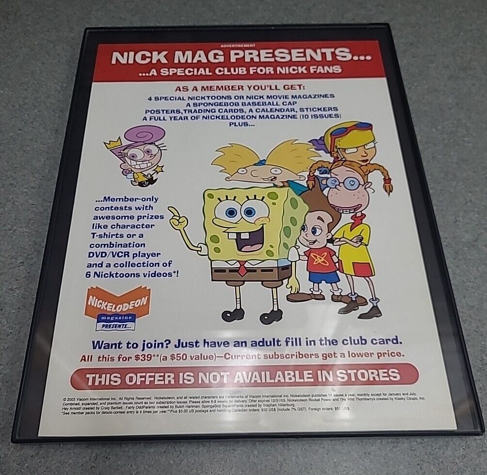 Nickelodeon Magazine Club Spongebob Hey Arnold 2003 Print Ad Framed 8.5x11 