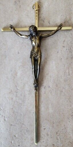 Vintage INRI 10\'\' Brass Cross Crucifix Jesus Christ On The Cross Beautiful