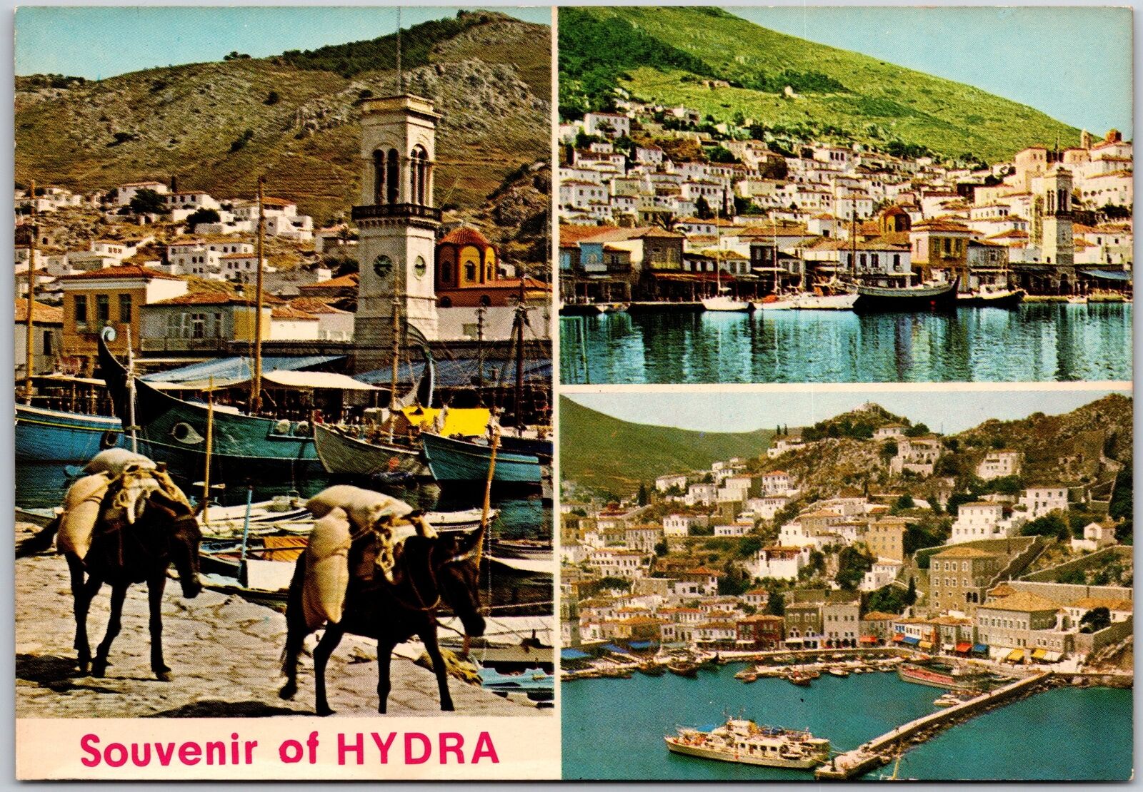 Hydra View Of The Island Greece Horses Boats Ships Buildings on Cliffs Postcard