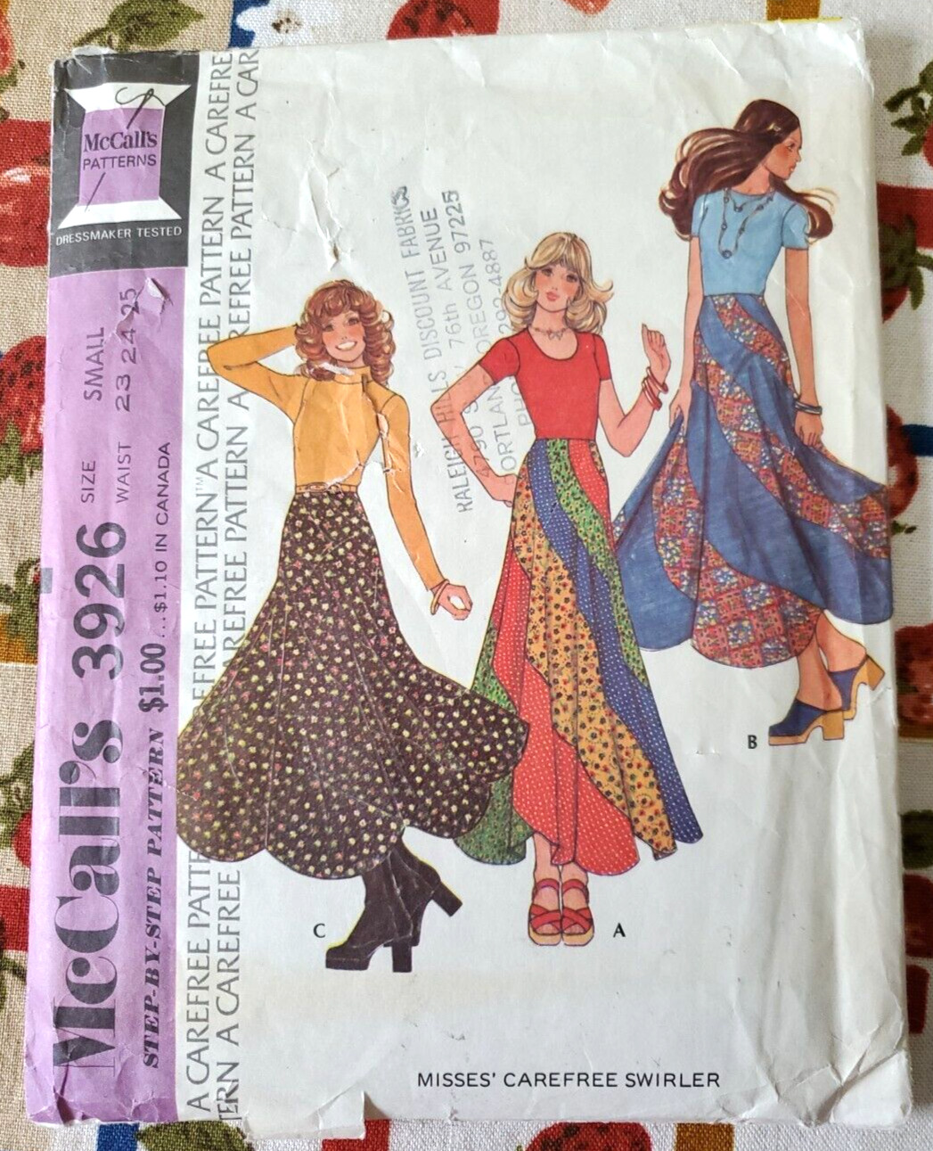 McCalls 3926 Misses Swirl Skirt sewing Pattern Womens 1970s Size Waist 23 24 25