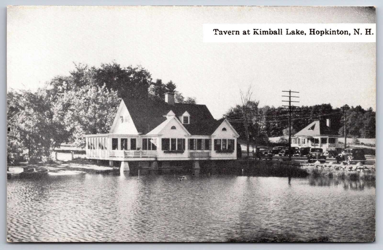 Hopkinton NH~Horse Shoe Tavern on Kimball Lake~1940s Cars~B&W Postcard