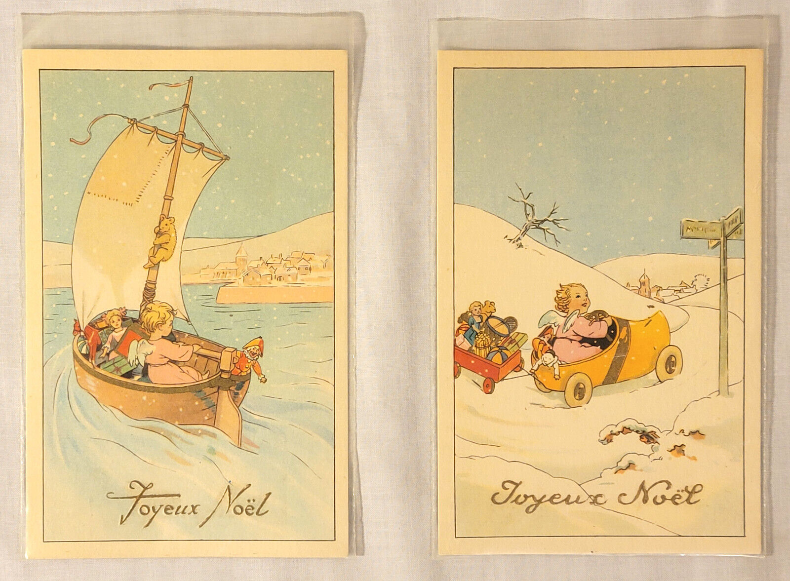 Vintage French Christmas postcards 1910s-20s Art Deco Lot of 2