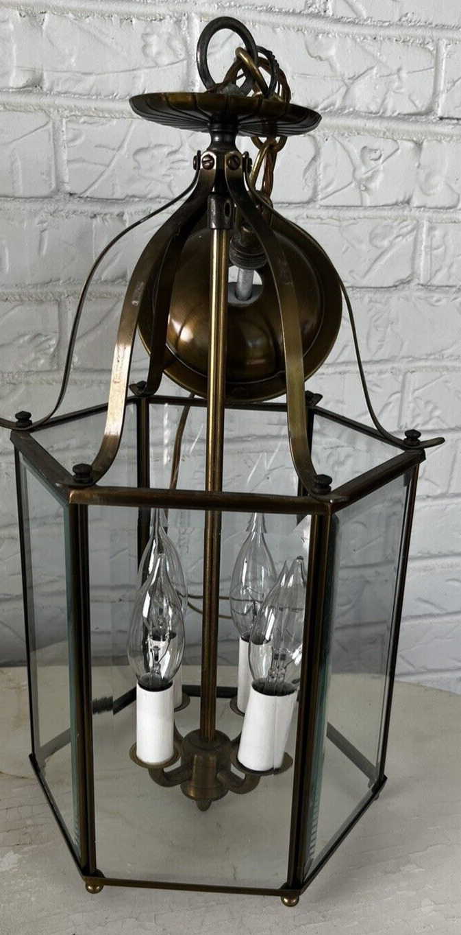 VINTAGE Pendant Chandelier 3 Light Beveled Glass Brass Lantern FOYER hexagon