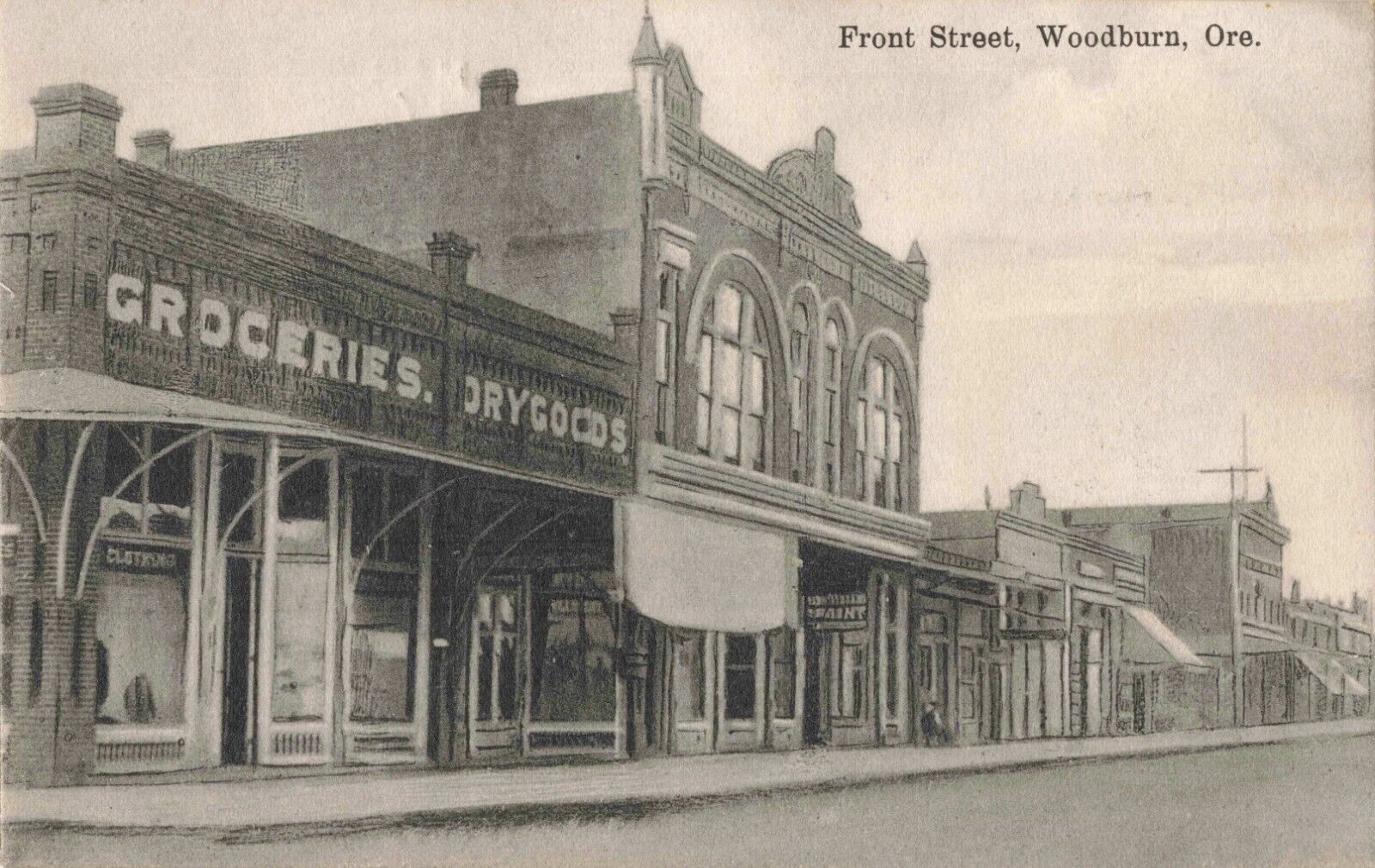 Front Street Woodburn Oregon OR Groceries Dry Goods Store c1910 Postcard