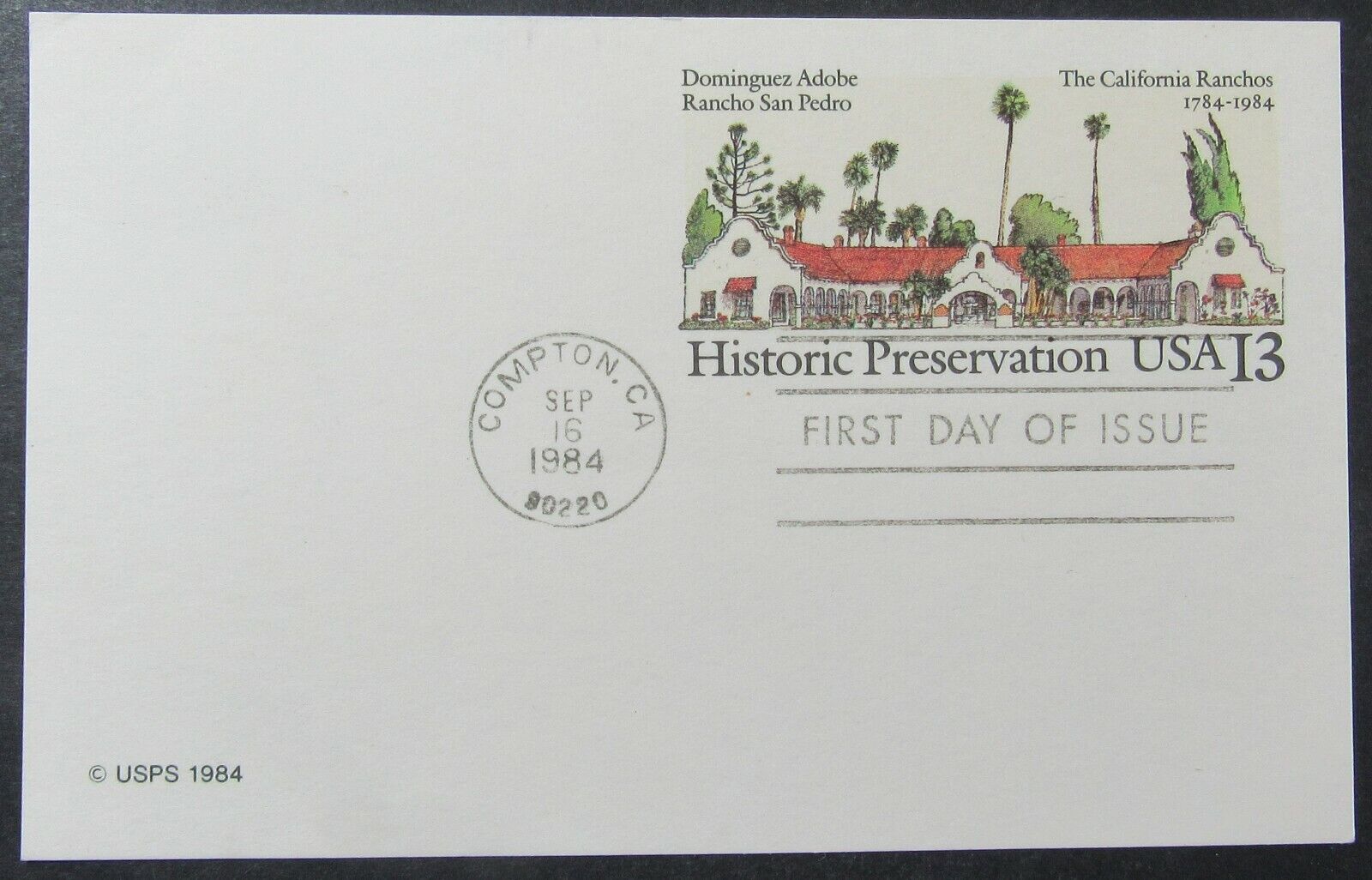 Historic Preservation California Ranchos First Day Issue Vintage 1984 Postcard 