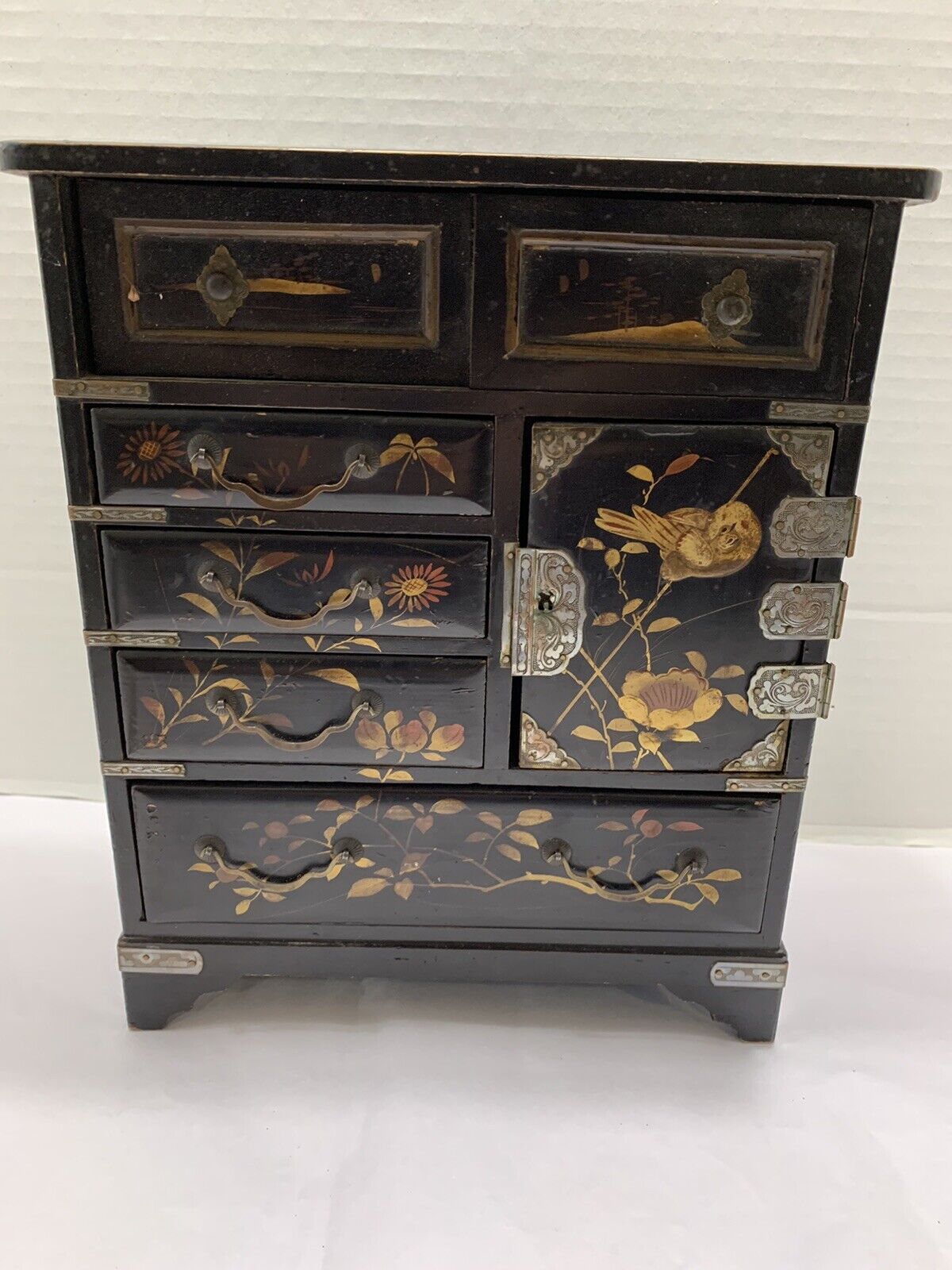 19th C Asian dresser mini trinket box multi drawer 10”T Jewelry Japaned Wood