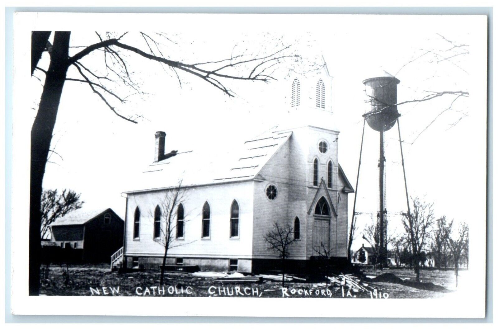c1950\'s New Catholic Church Water Tower Rockford Iowa IA RPPC Photo Postcard