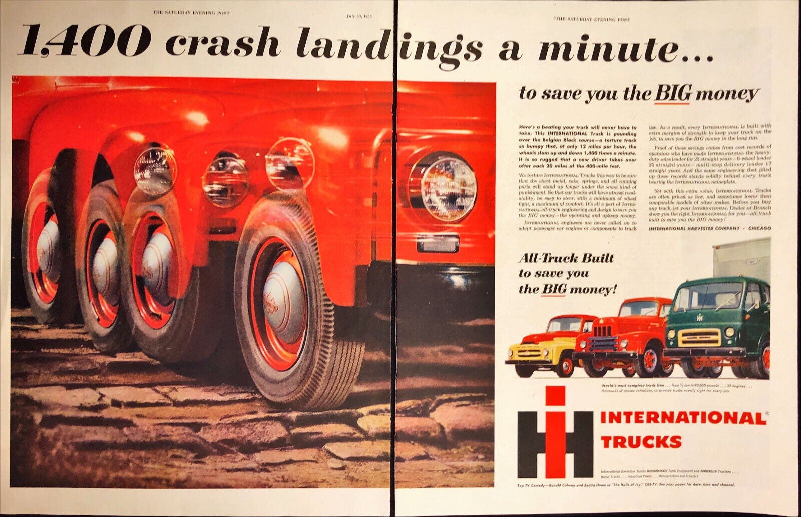 1955 International Trucks 2 PAGE Print Ad Rugged Belgian Block Course Rugged