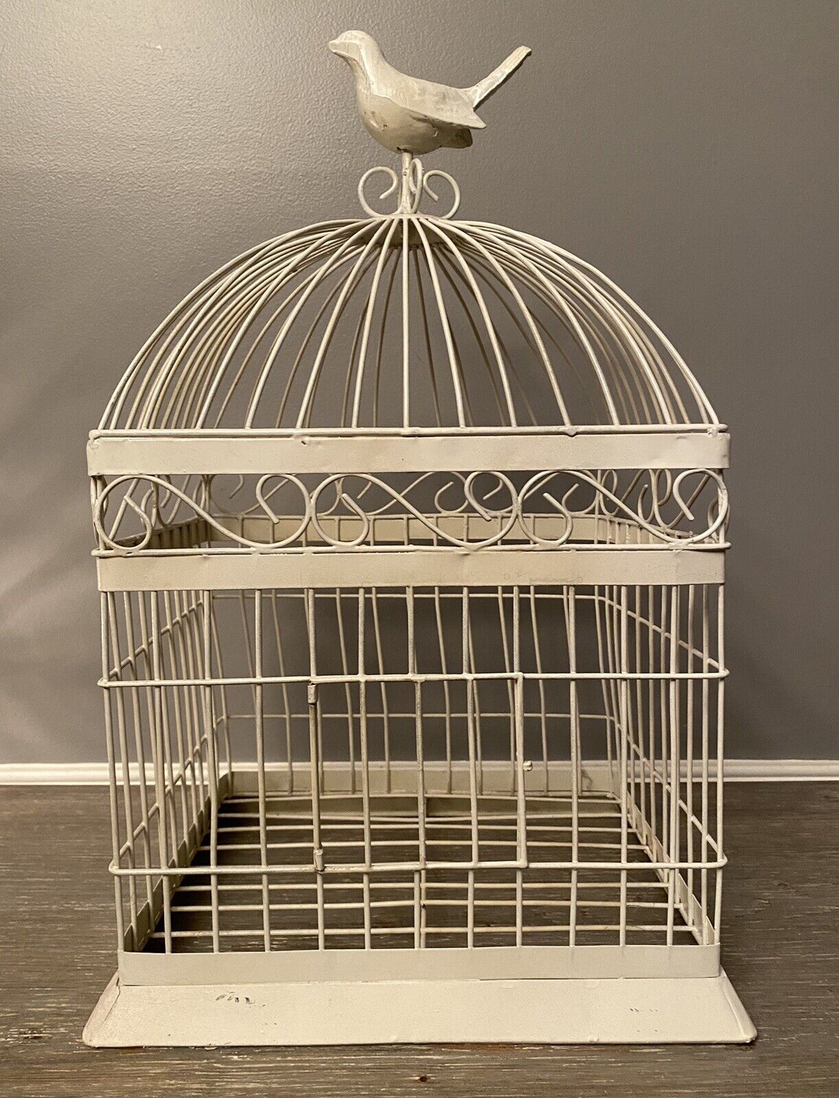 Large Vintage Ivory French Country Style Distressed Metal Decorative Birdcage