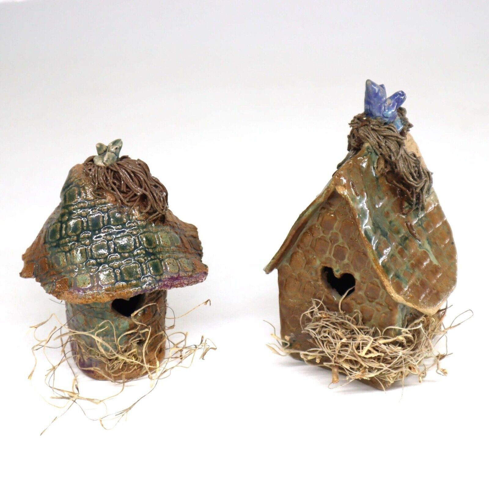 Ceramic Clay Bird House Set of 2 Handmade Rustic Collectible Decor Vintage 