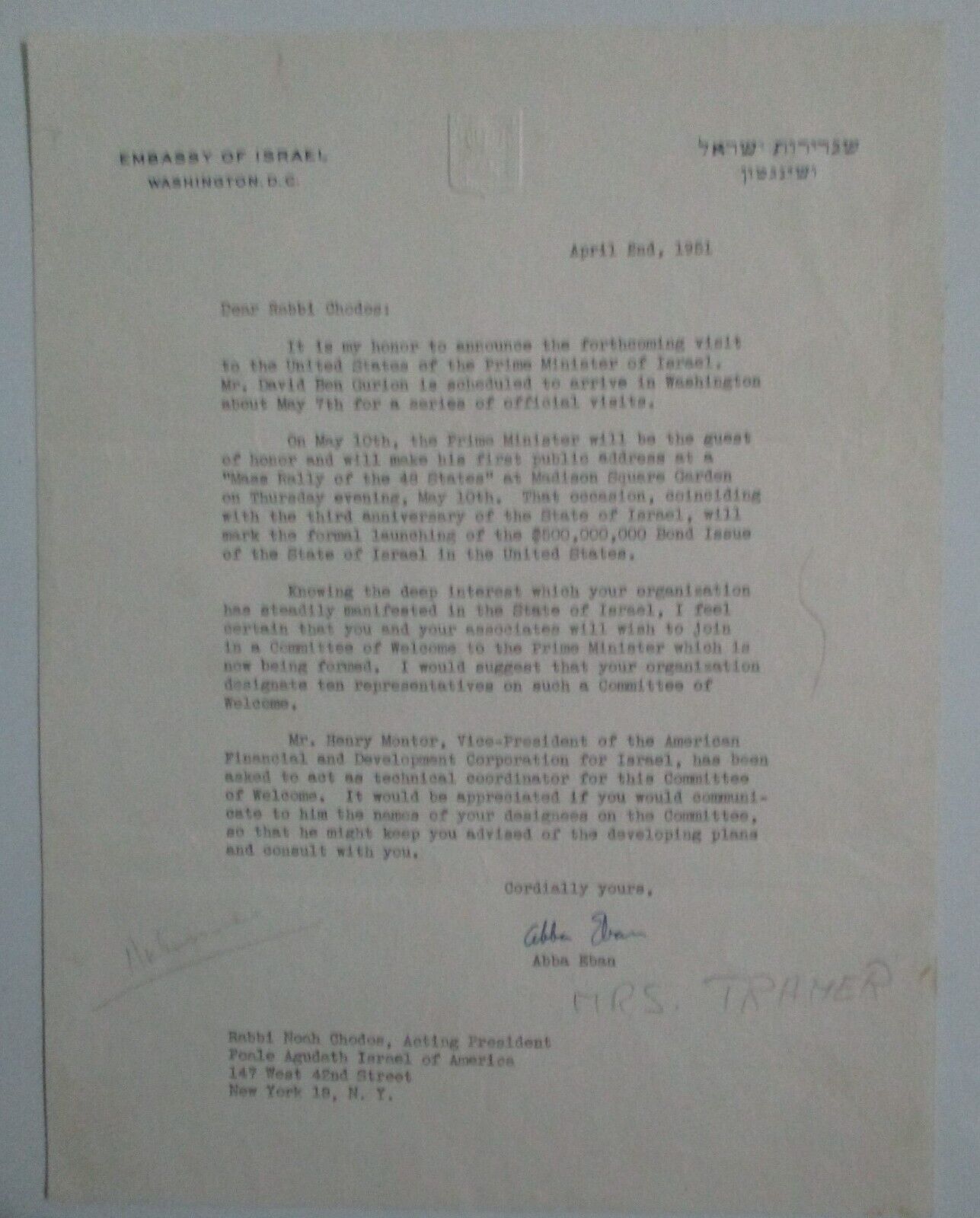 Interesting Letter Legendary Ambassador & Minister ABBA Eben 1961 Isreal Zionist