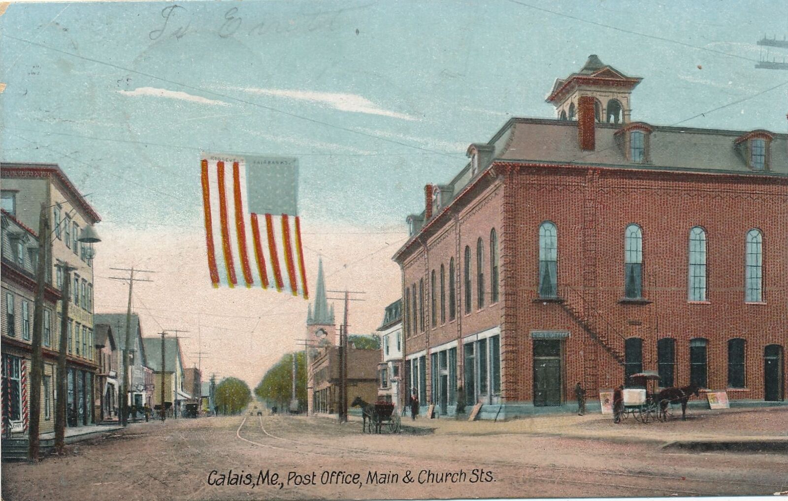 CALAIS ME - Post Office, Main and Church Streets Postcard - 1907