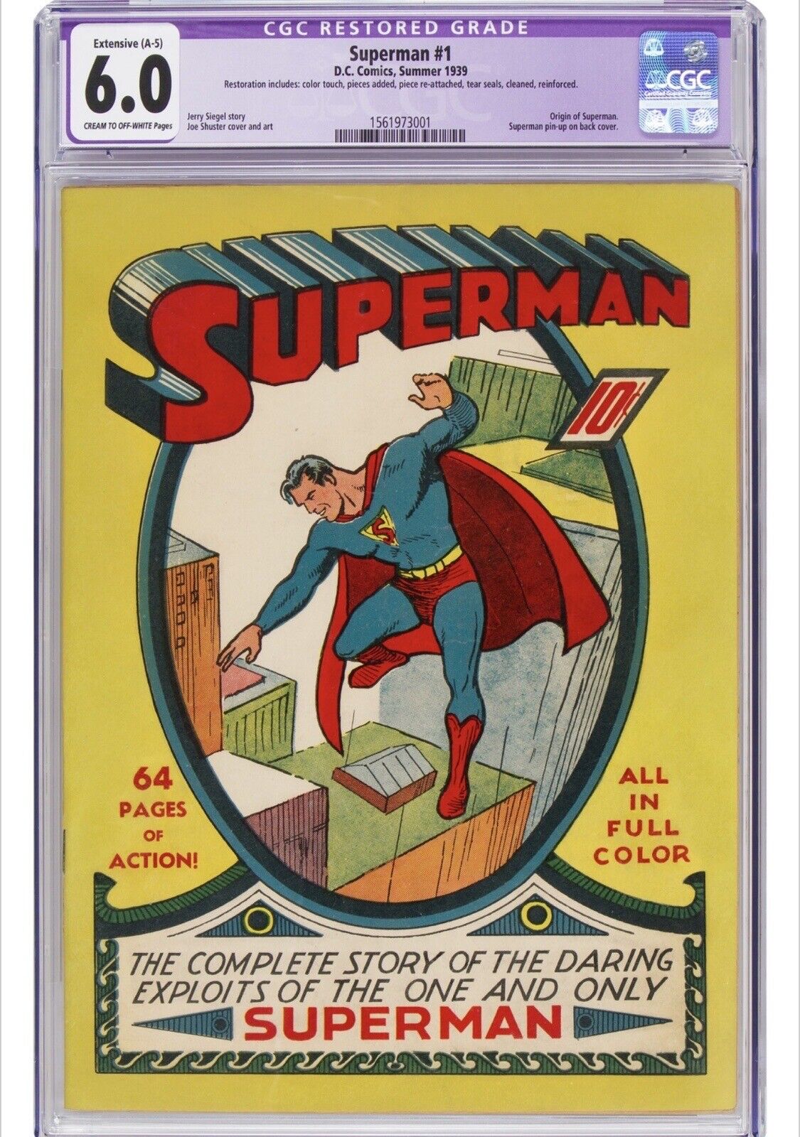 Superman #1  6.0 CGC Professional Restoration (A), Extensive (5) Superman 1939