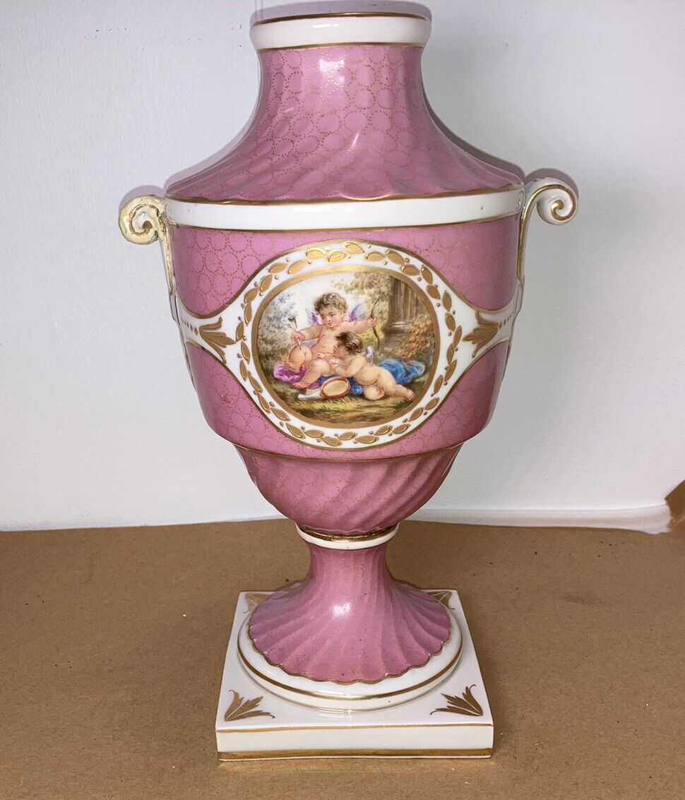 Antique Marked Sevres Porcelain Pink Mantle Urn Old Repair Handle Hand Painted