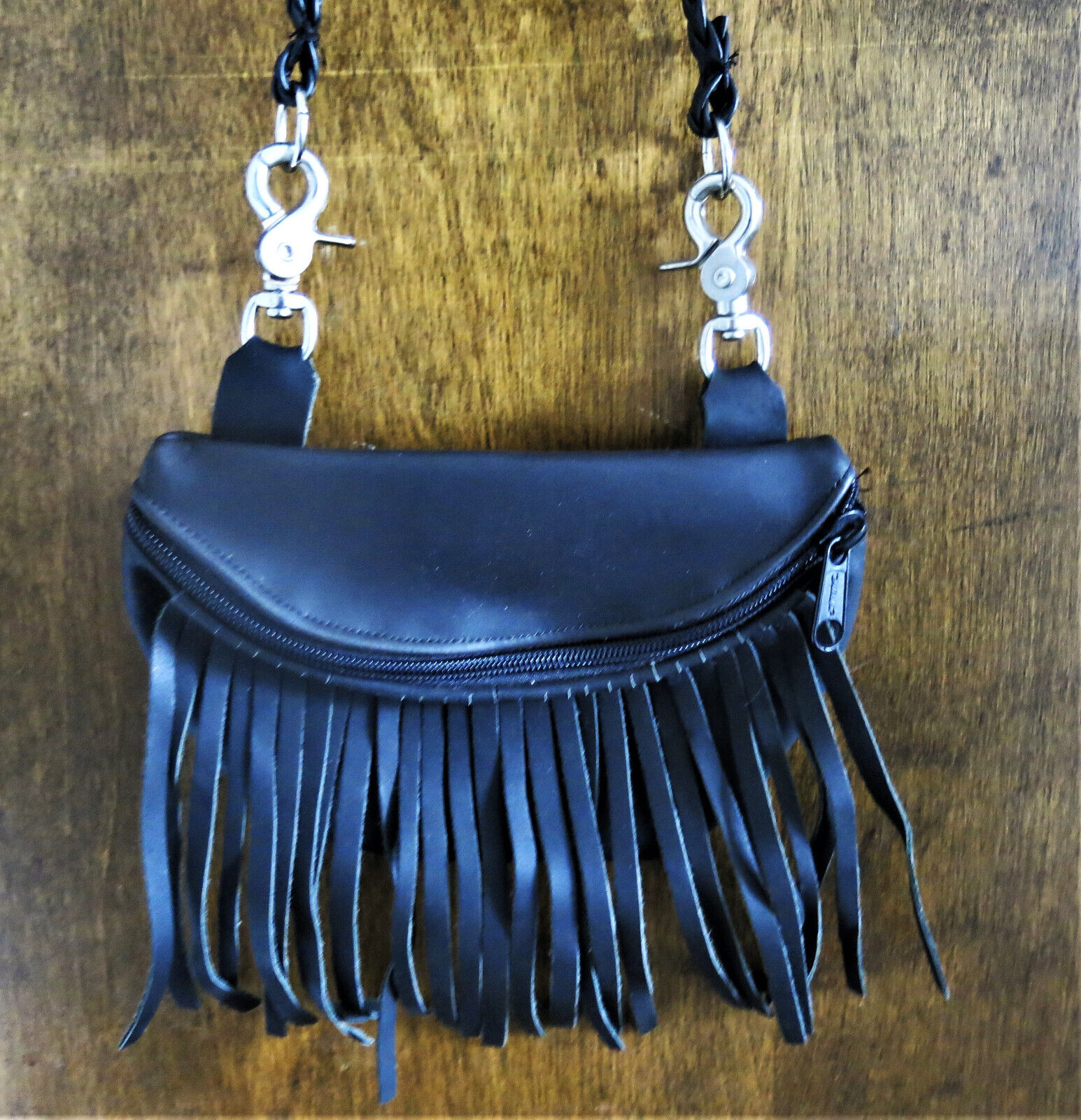 Native American Handmade Black Leather Medicine Crossbody Bag Fringe Zipper NEW