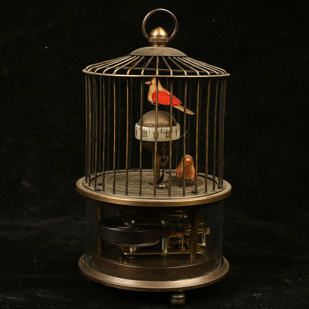  Brass Mechanical Clock Bird Cage Shape Two Birds Circle Moving