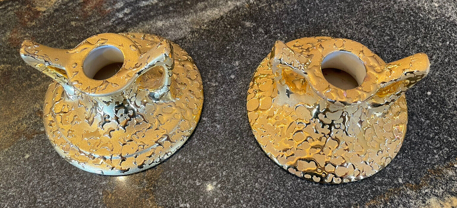 Pair Of Vintage Weeping Bright Gold 22K Candle Stick Holders Hand Decorated EUC