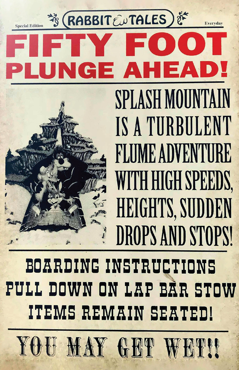 Splash Mountain You May Get Wet 50Ft Plunge Ahead Warning Poster Disney WDW
