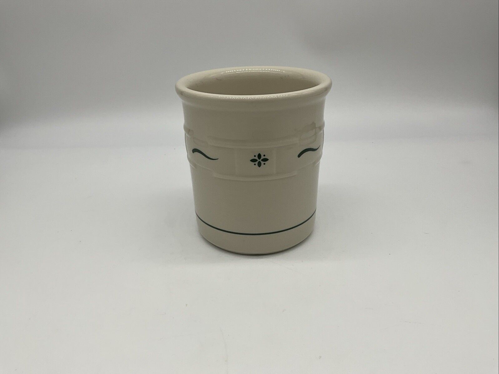 Longaberger Pottery Green Woven Traditions Utensil Crock 5 1/2” Tall 5” Wide