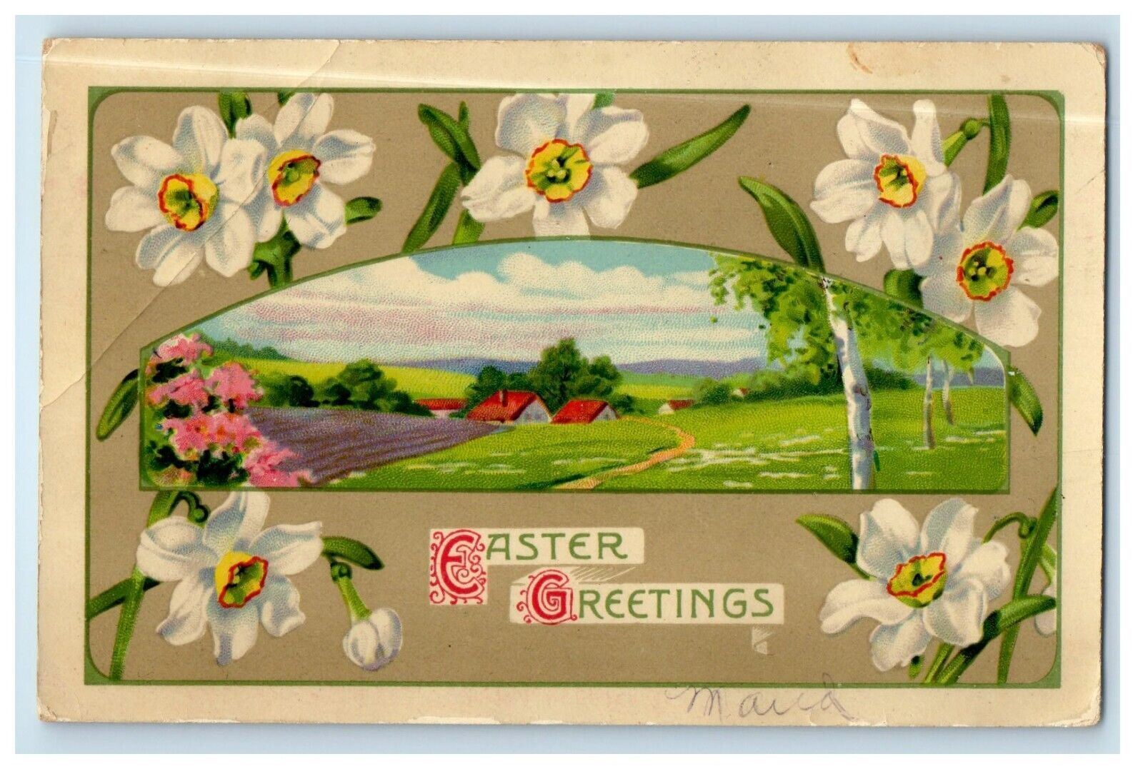 c1910\'s Easter Greetings Houses And White Flowers Posted Antique Postcard
