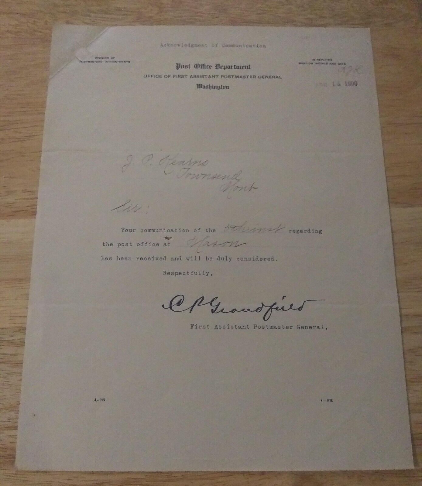 Signed 1909 letter by Charles P. Grandfield First Assistant Postmaster General