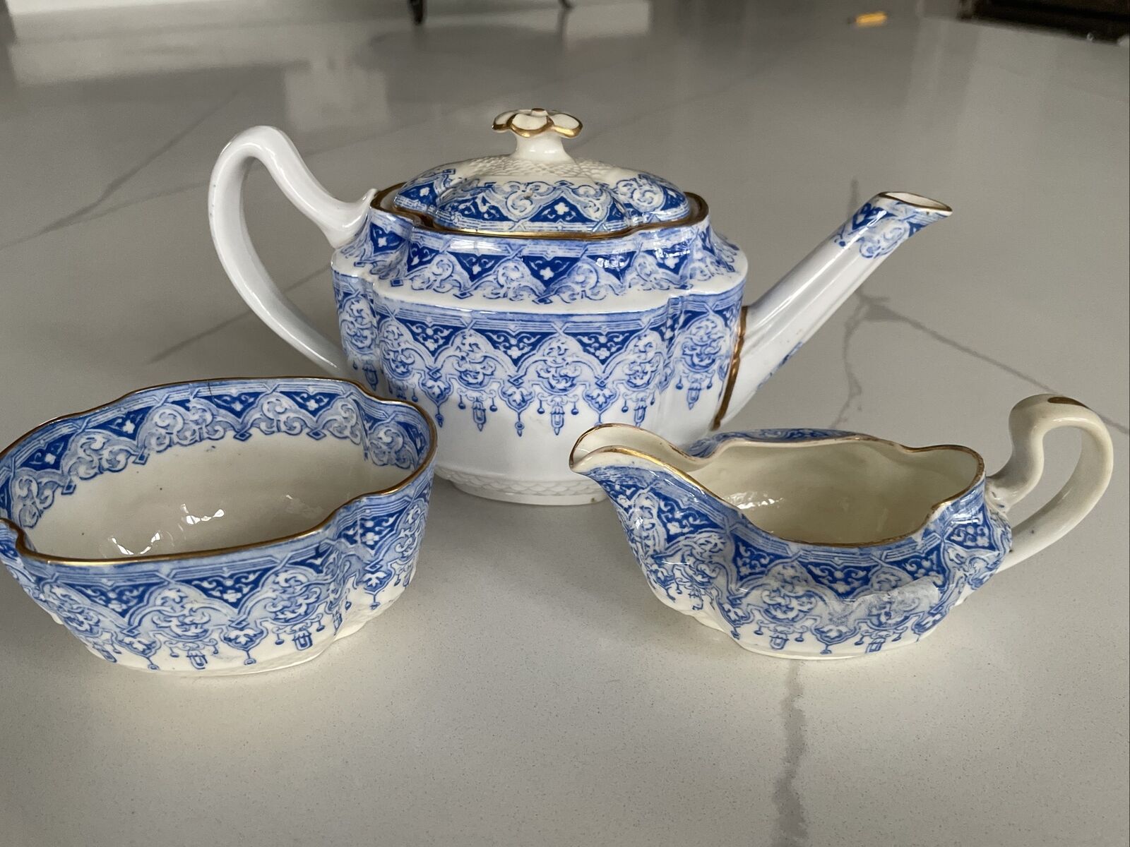 Rare Copeland Spode White-Blue Tea Pot with Lid, Creamer, Sugar Bowl, Antique