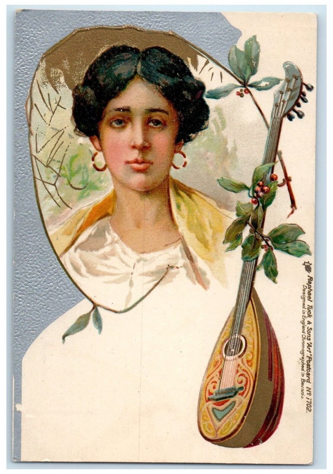 c1905 Pretty Woman Berries UTE Art Nouveau Embossed Tuck's Antique Postcard