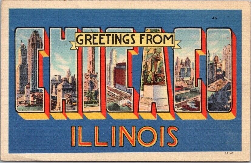 c1940s CHICAGO Illinois Large Letter Postcard Tichnor Linen / 1949 Cancel