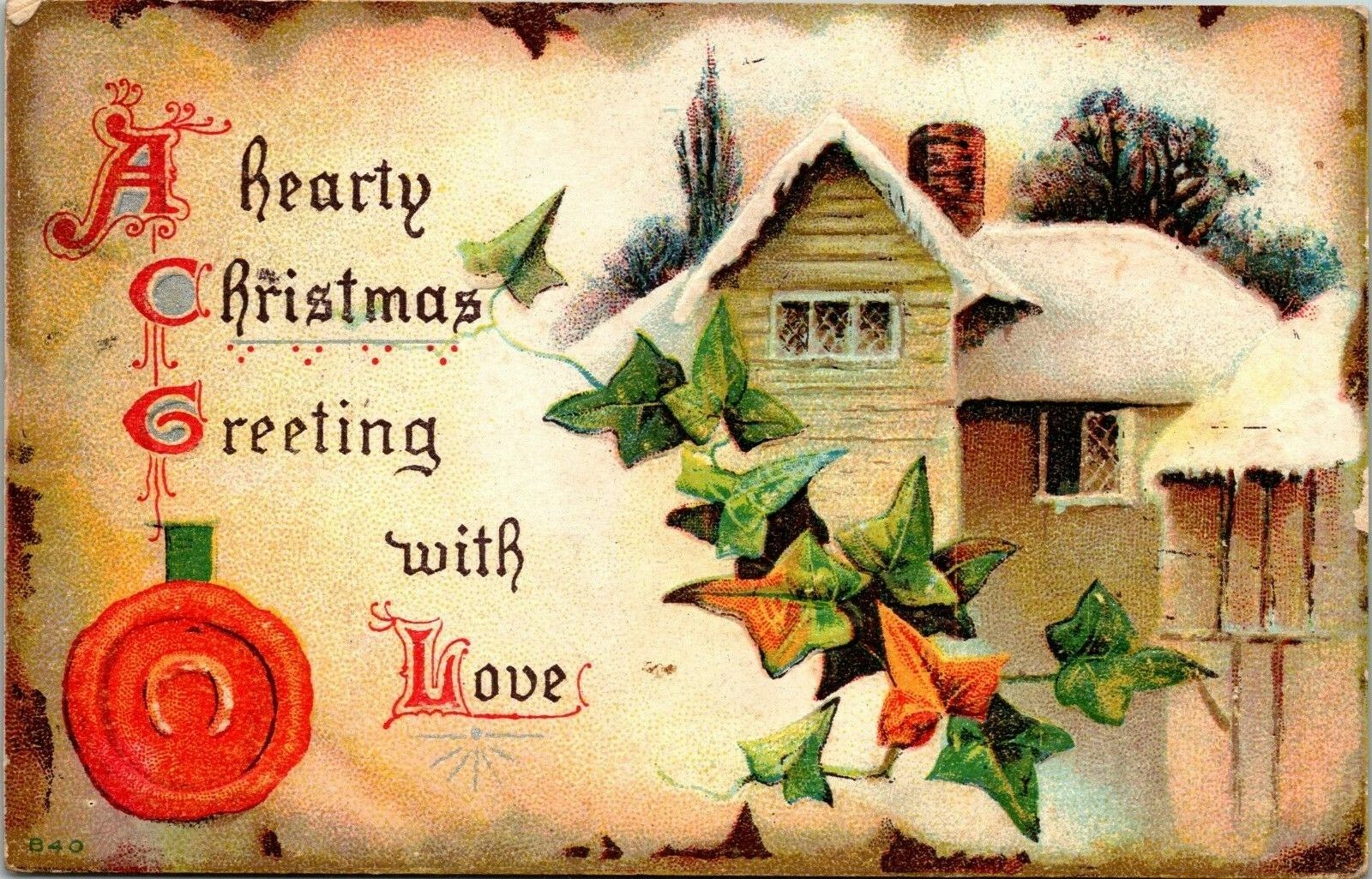 VTG 1910\'s Snow Covered House Cottage Greeting Embossed Merry Christmas Postcard