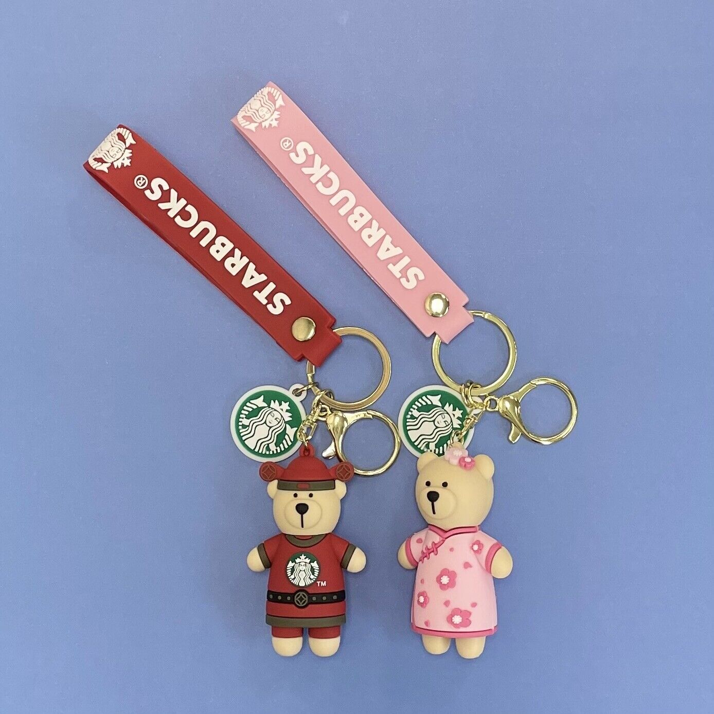 STARBUCKS KEYCHAIN TWO CUTE BEAR BARISTA IN CHINESE TRADITIONAL CUSTOMS NEW