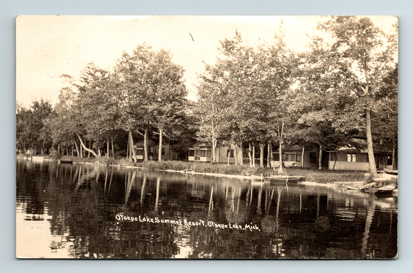 c1925 RPPC Postcard Otsego Lake MI Michigan Summer Resort Cabins Boats