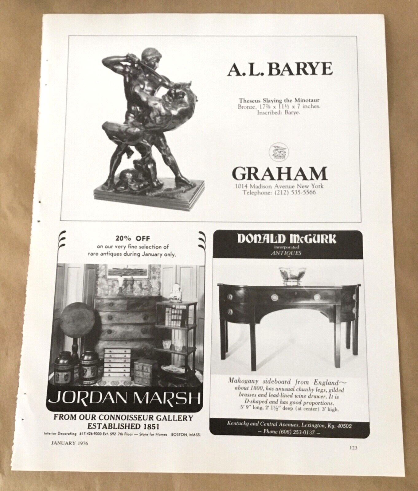 Antoine-Louis Barye at Graham gallery exhibition print ad 1976 vintage mgzne art