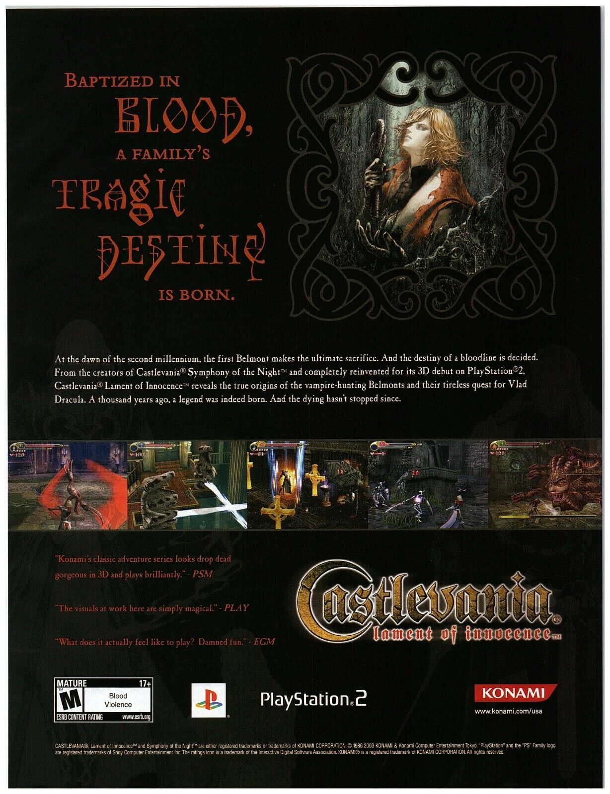 2003 Castlevania Lament Of Innocence Print Ad, Playstation 2 Video Game In Blood