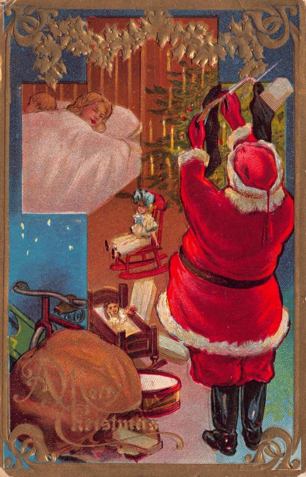 Christmas PC Santa Claus Filling Stockings Leaving Doll for Girl Sleeping~113977