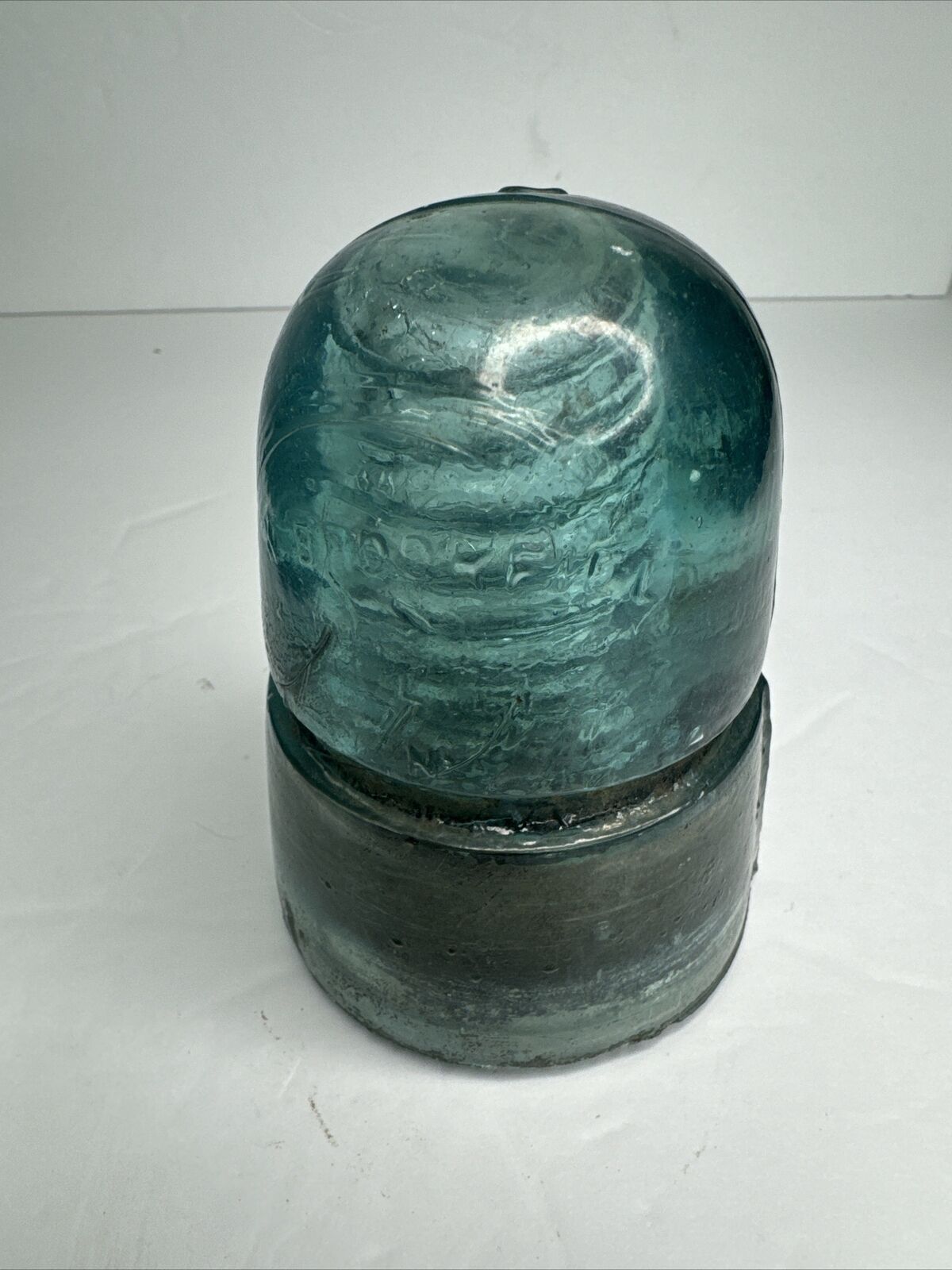 Antique Swirly Aqua Glass W Brookfield Beehive Insulator # 3 Stamped On Top