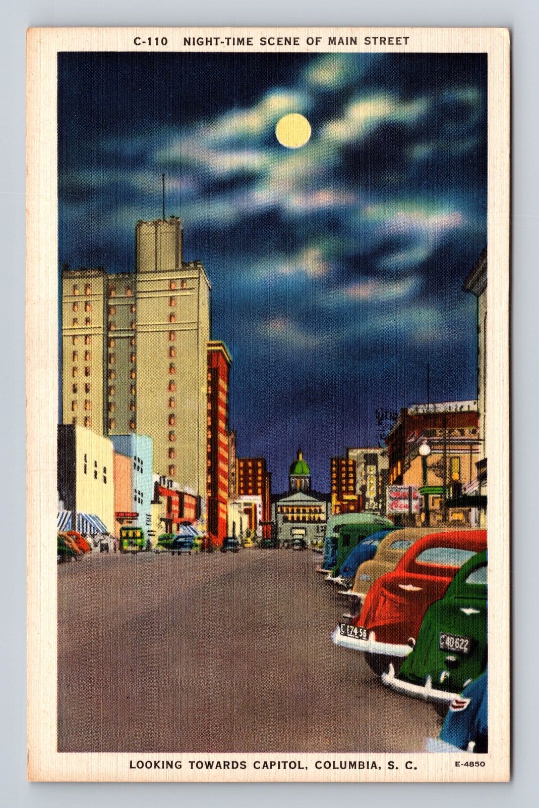 Columbia SC- South Carolina, Night Scene On Main Street, Vintage Postcard