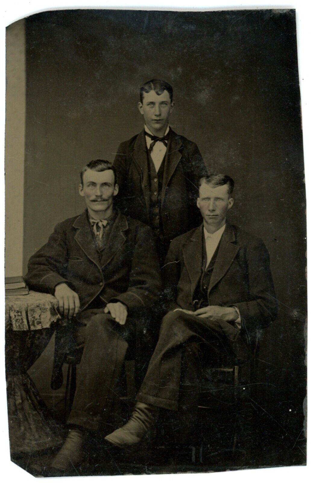 CIRCA 1860'S 1/6 Plate 2.5X3.88 in Hand Tinted TINTYPE Three Young Men Mustache