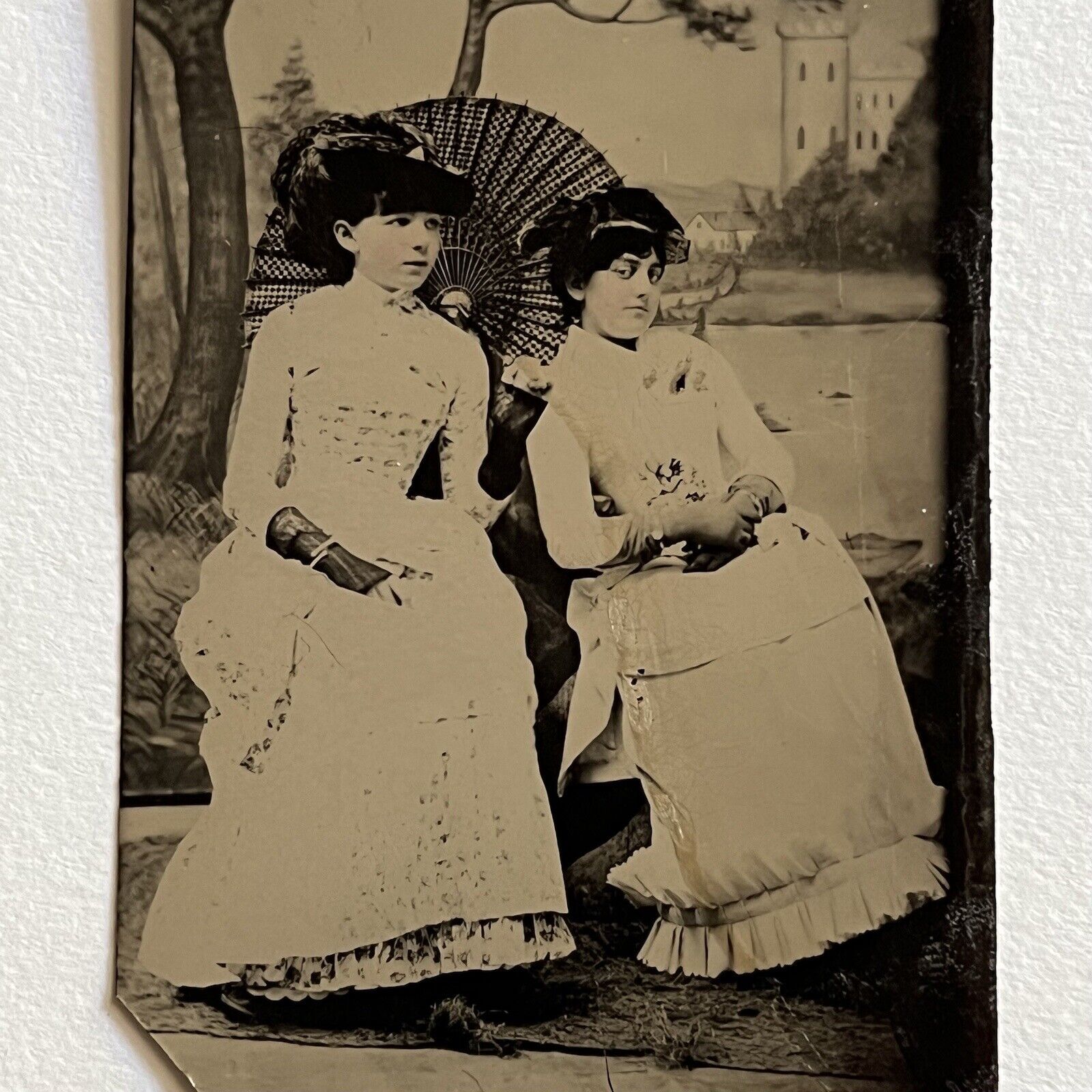 Antique Tintype Photograph Beautiful Affluent Young Women Parasol Tree Castle