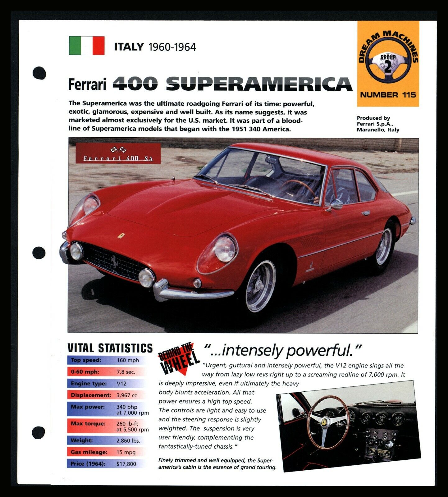 Ferrari 400 Superamerica(1960-64) Spec Sheet 1998 HOT CARS Dream Machines #2.115