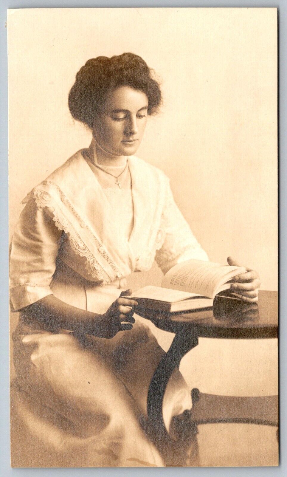 Antique 1913 Photo Woman Reading Book at Her Desk Beautiful Dress 5\