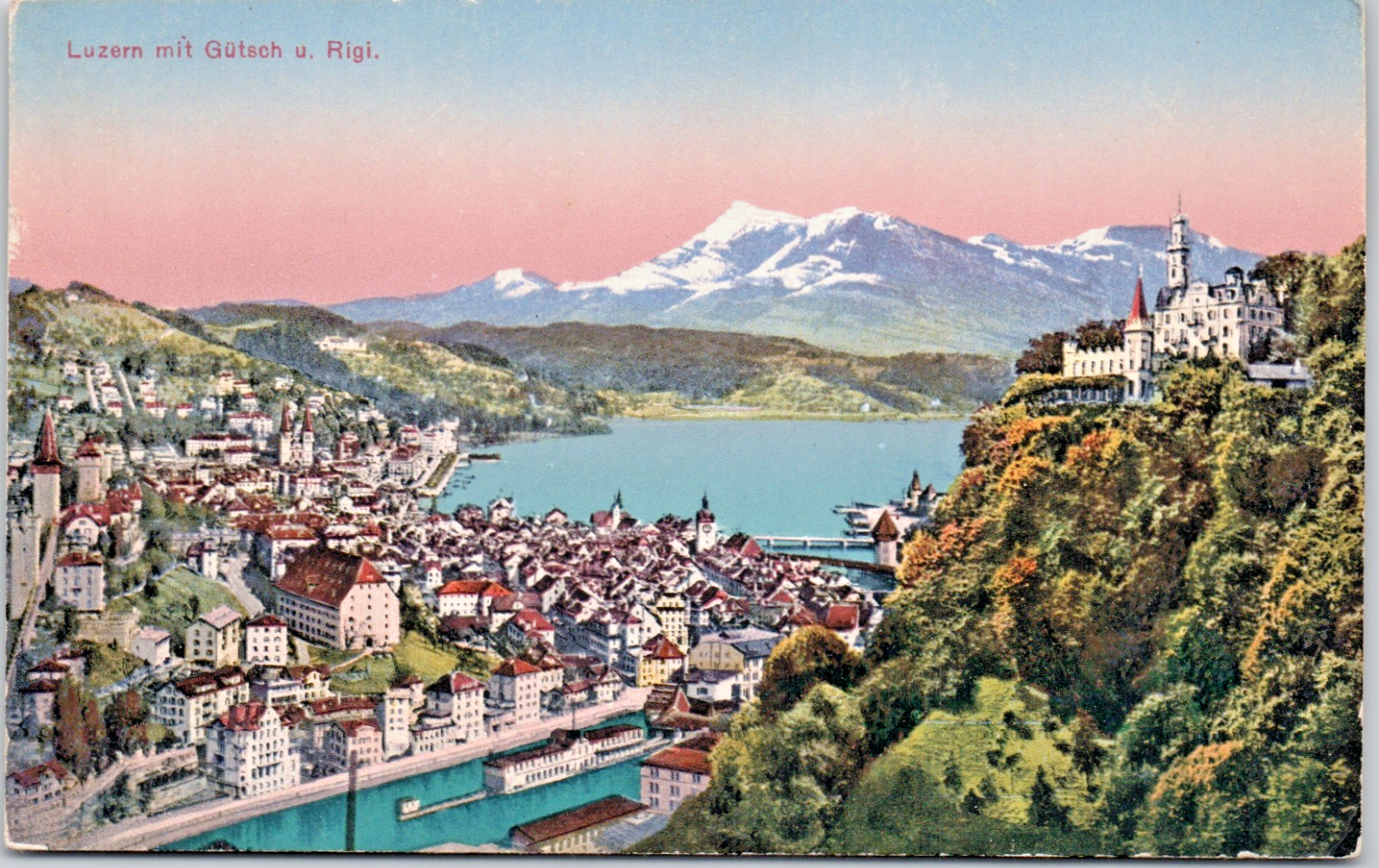 Lucern With Gutsch And Rigi Switzerland Lakes Alps Aerial View Vintage Postcard