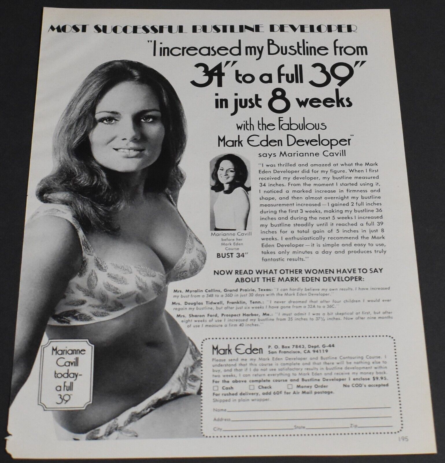 1971 Print Ad Sexy Mark Eden Bust Developer Cleavage Marianne Cavill Lady Beauty