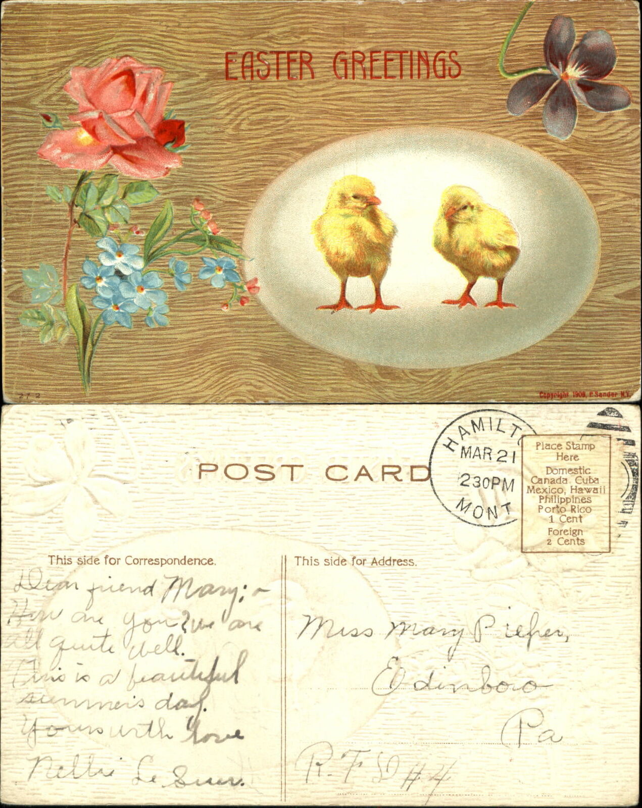 Easter postcard ~ wood grain roses egg chick P. Sander 1908 Hamilton MT