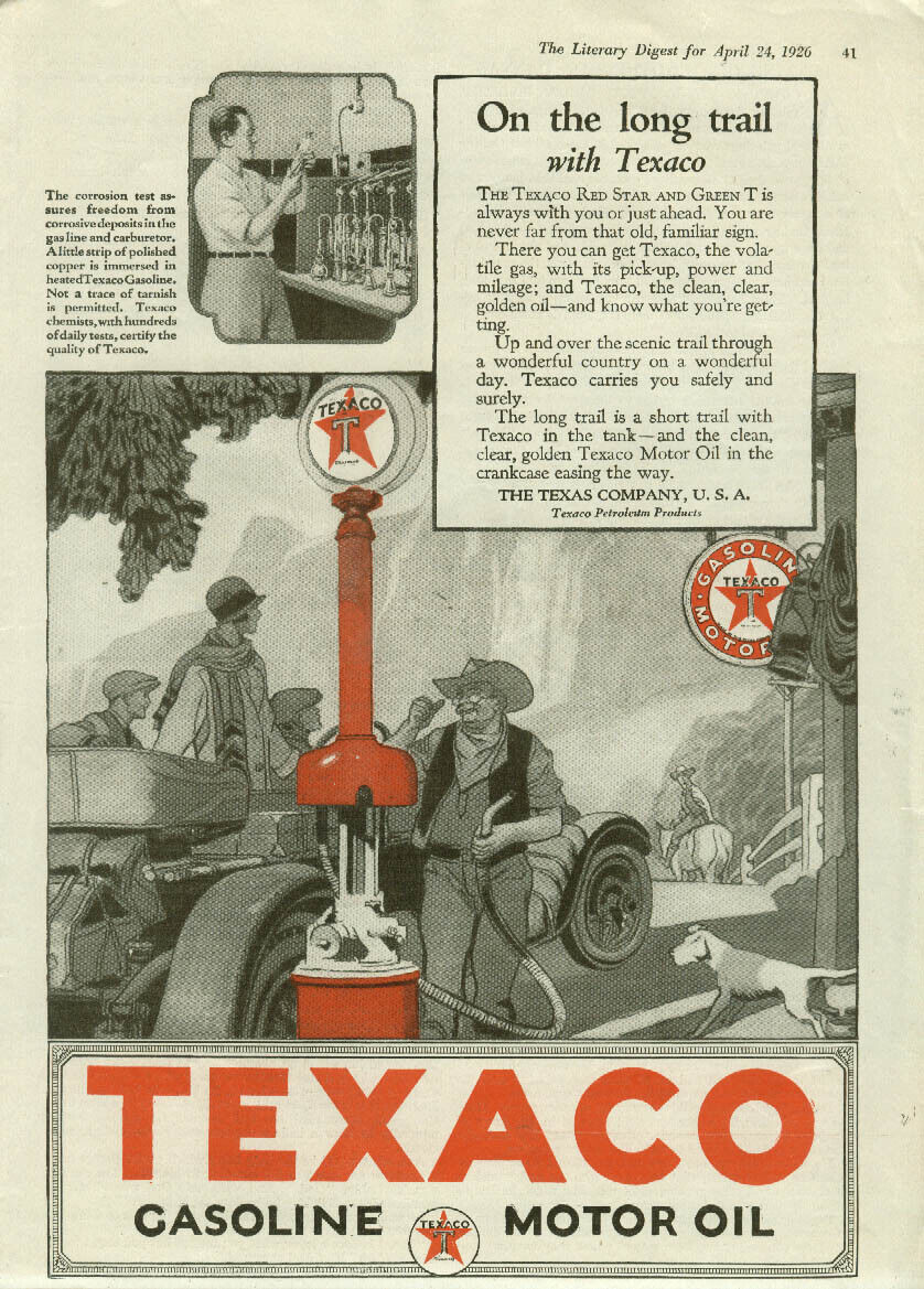 On the long trail with Texaco Gasoline ad 1926 gas pump